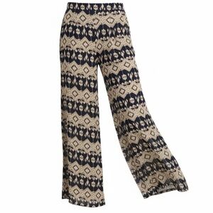 FORA NAVY TAUPE PATTERN ELASTIC WAIST WIDE LEG FLOWY PANTS WOMENS SZ MEDIUM